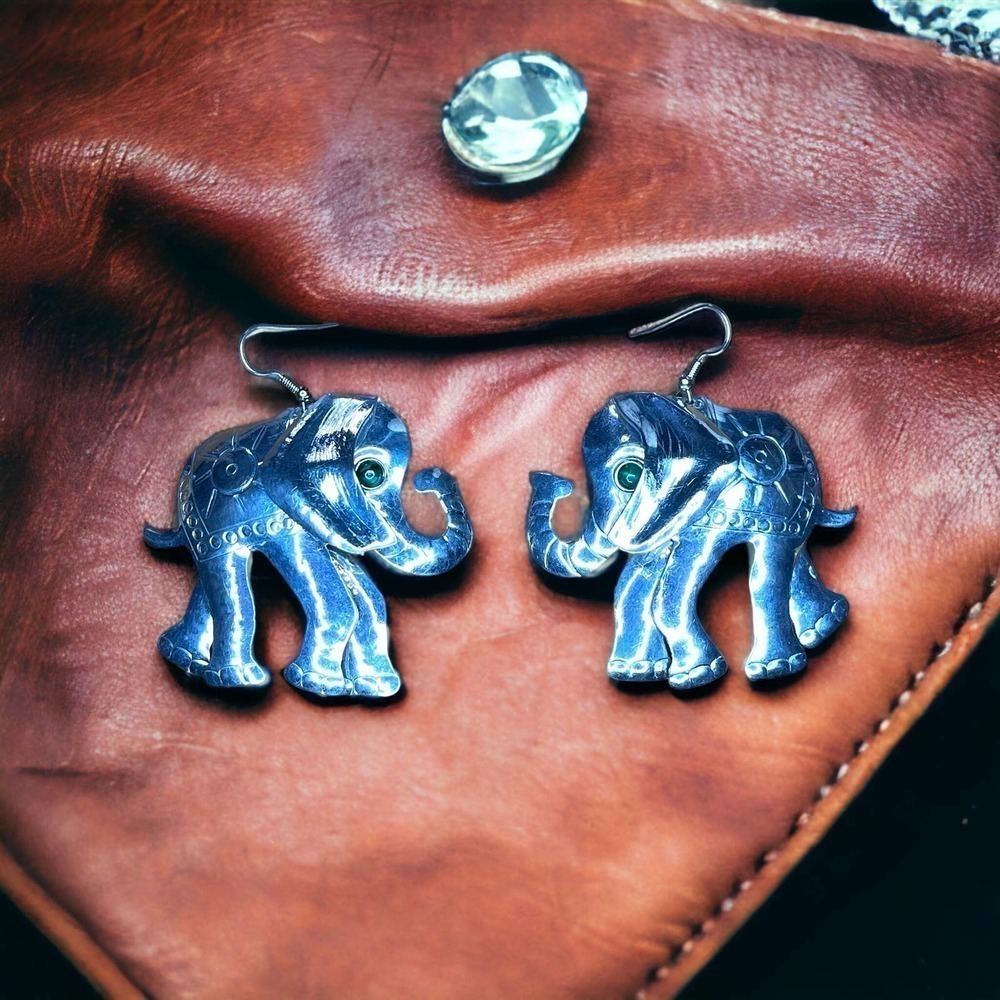 Hand Crafted Earrings Drop Style Elephant Engraved Metal with Glass Green Jewel